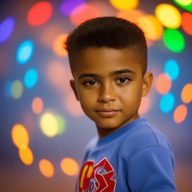 A boy stands in front of a colorful background