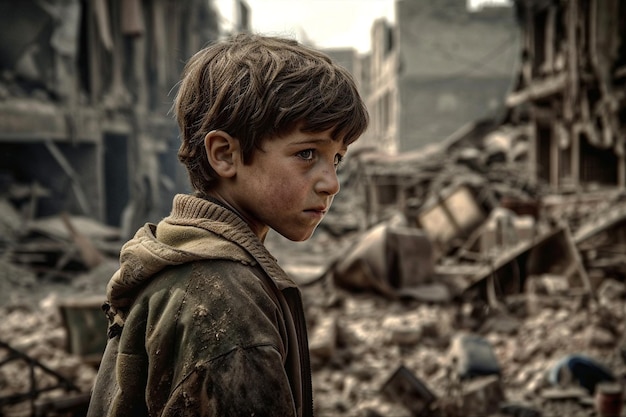 A boy stands in front of a destroyed building.