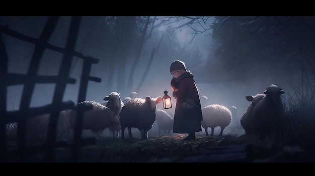 A boy stands in front of a flock of sheep.