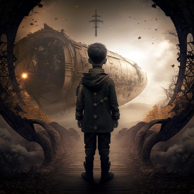 A boy stands in front of a giant submarine