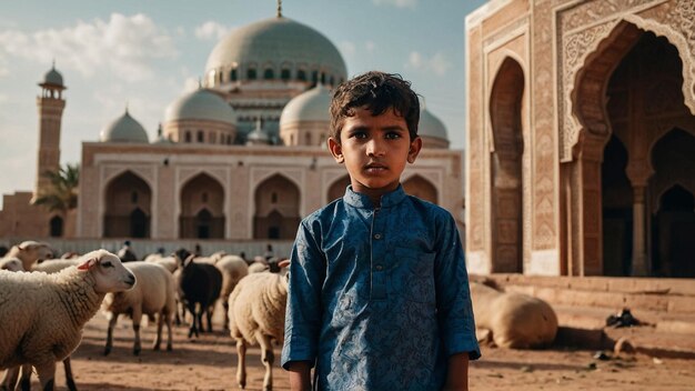 Photo a boy stands in front of a mosque with sheep in front of it