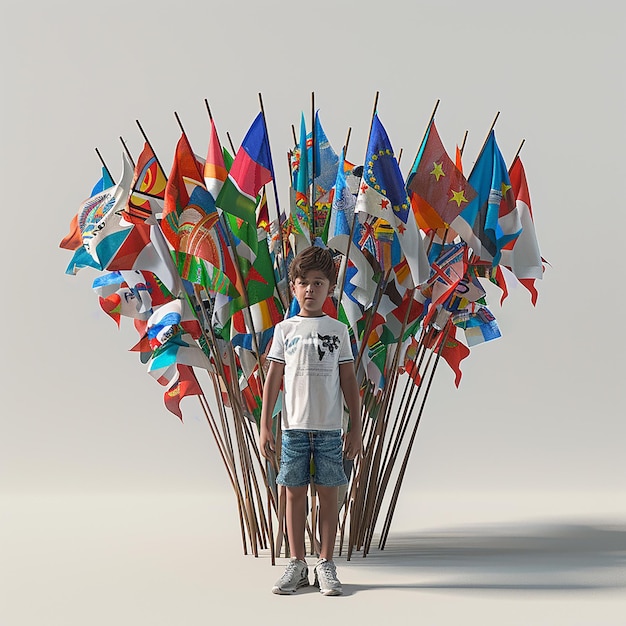 Photo a boy stands in front of a stack of flags that say  t - shirt