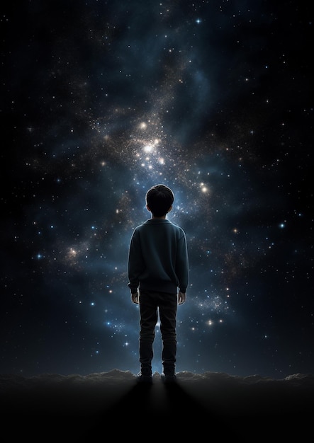 A boy stands in front of a starry sky