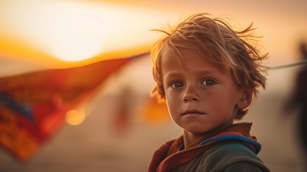 A boy stands in front of a sunset