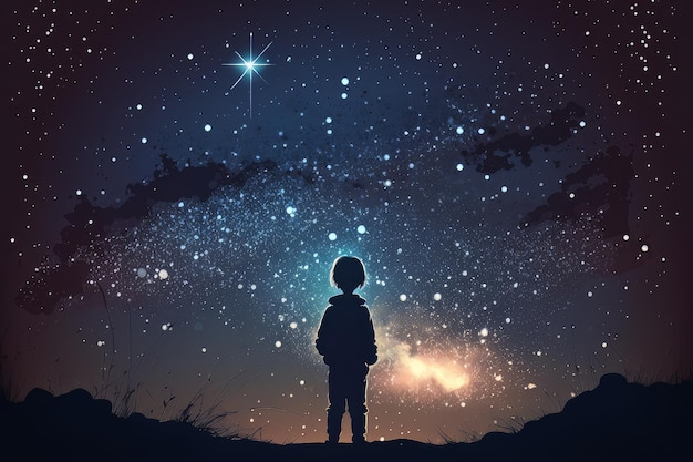 The boy stands among the hanging glowing balls in the form of the moon fairy tale