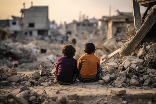 Foto il ragazzo si trova in un buco in un muro che ha una foto di una città sullo sfondo