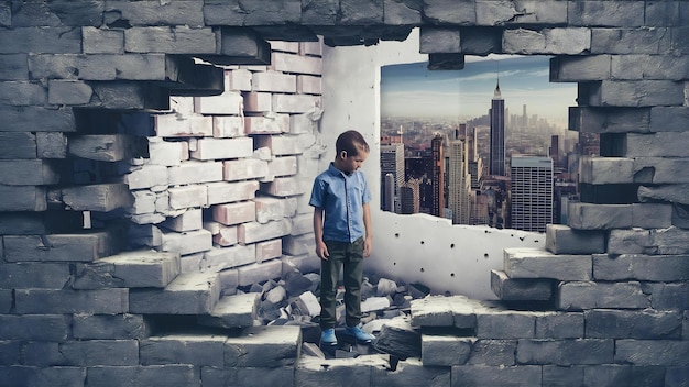 Foto un ragazzo si trova in un buco in un muro che ha una foto di una città sullo sfondo