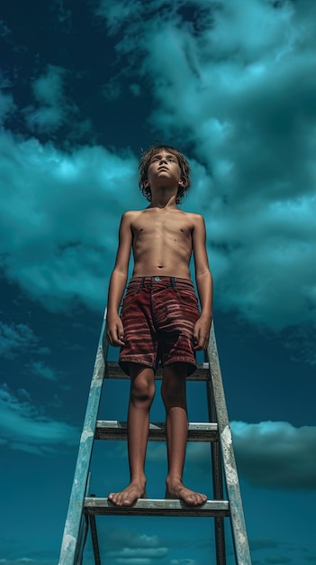 a boy stands on a ladder that has a shirt that says " no shirt " on it.