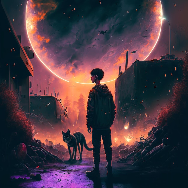 A boy stands in the middle of a dark street with a moon in the background.