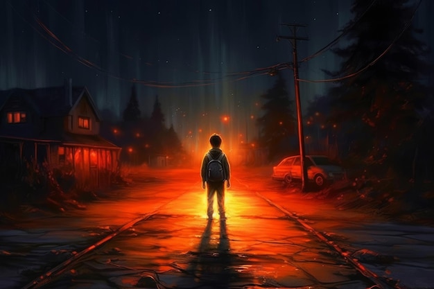 A boy stands in the middle of a road with a fire in the background.