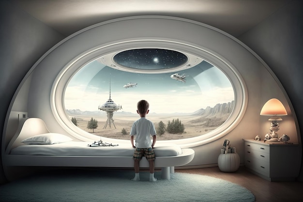 Photo a boy stands near bed and looks out wide porthole window at surface of alien planet generative ai