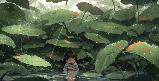 A boy stands in a pond surrounded by leaves and the words " the word " on the bottom. "