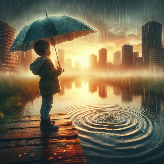 Boy stands in the rain with an umbrella in the rain