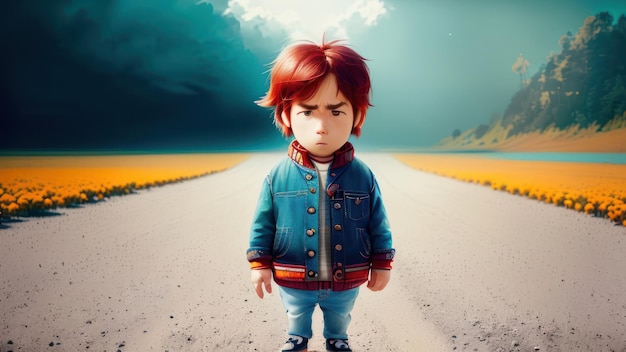 A boy stands on a road with a cloudy sky behind him.