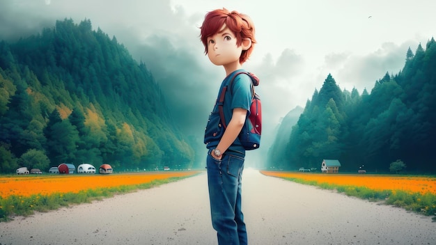Мальчик стоит на дороге на фоне поля цветов.