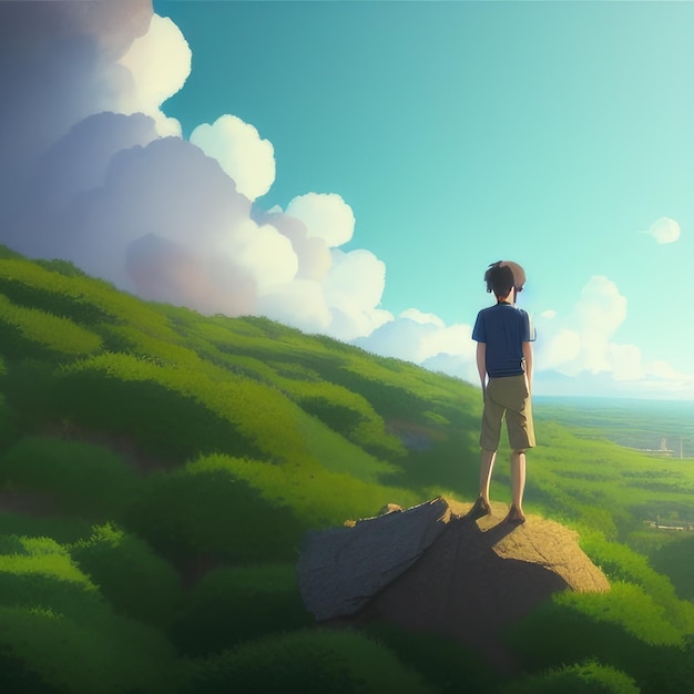 A boy stands on a rock looking out at a valley.