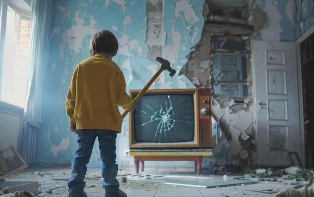 A boy stands in a room with a hammer and a broken television a scene of innocent exploration gone awry The damaged surroundings reflect the unintended consequences of curiosity