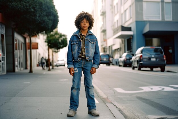 Photo a boy stands on a sidewalk in san francisco.