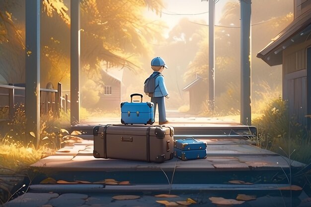 A boy stands on a sidewalk with a suitcase and a tree in the background.