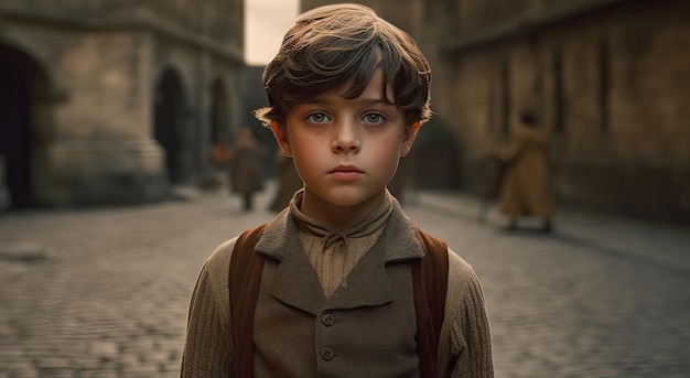 A boy stands in a street in front of a brick building.