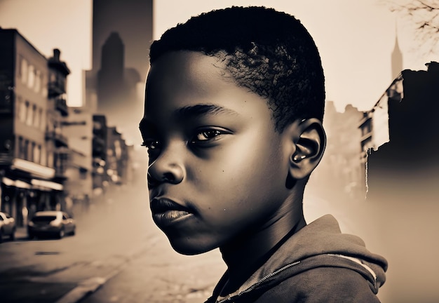 A boy stands on a street in front of a cityscape.