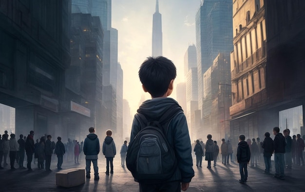 A boy stands in a street with a cityscape in the background