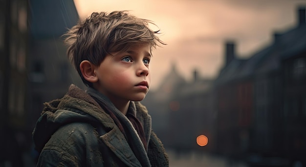 A boy stands in a street with a cloudy sky in the background.