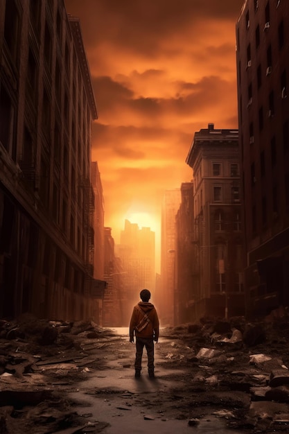 A boy stands in a street with the sun behind him.