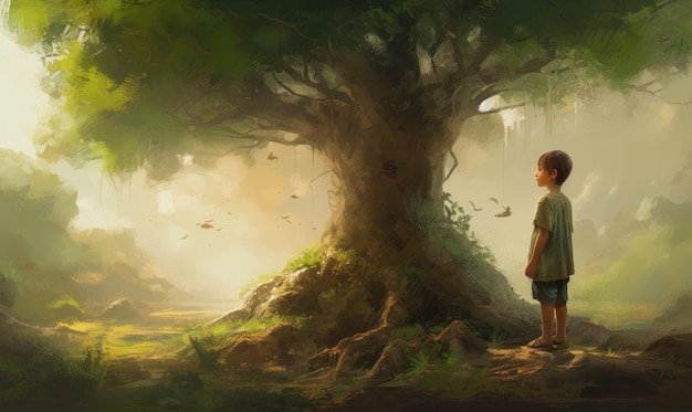 A boy stands under a tree with the word tree on it.