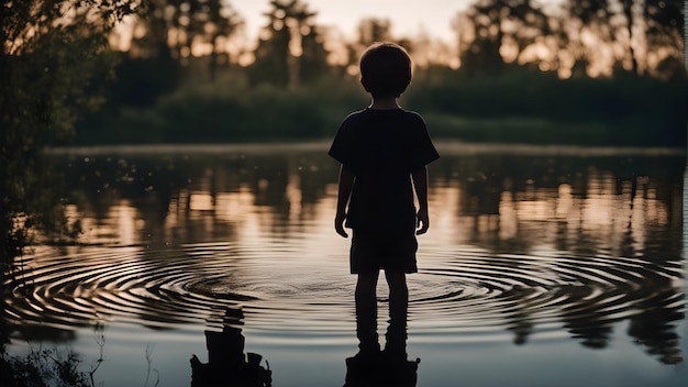 太陽が沈んでいる男の子が水の中に立っています