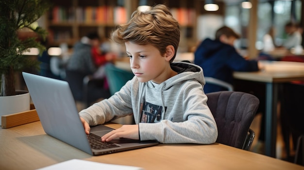 Мальчик учится с ноутбуком и блокнотом