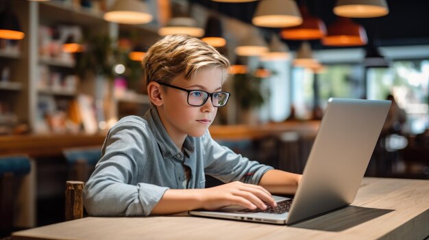Мальчик учится с ноутбуком и блокнотом