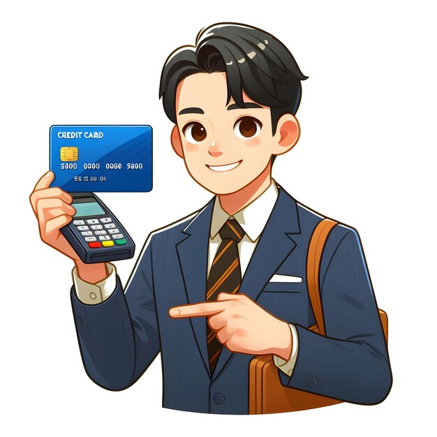 Photo boy in a suit holding a credit card in front of a cartoon cash register