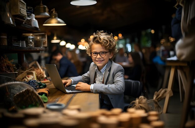 A boy in a suit sits at a laptop in a factory.