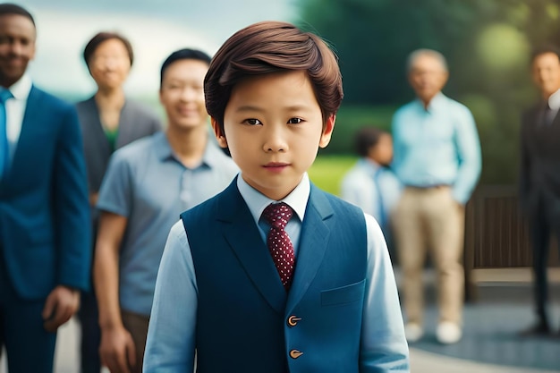 A boy in a suit stands in front of a group of people.