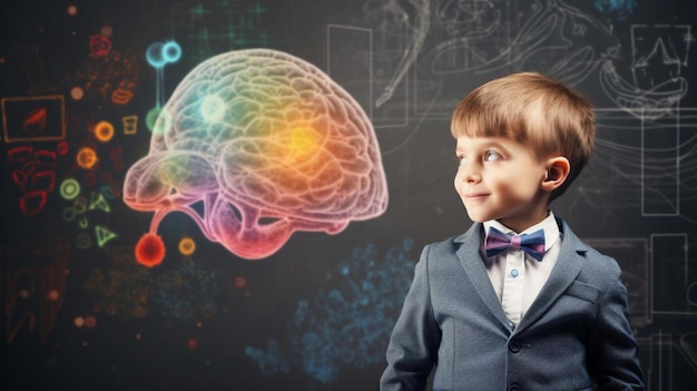 Photo a boy in a suit and tie stands in front of a blackboard with a brain drawn on it