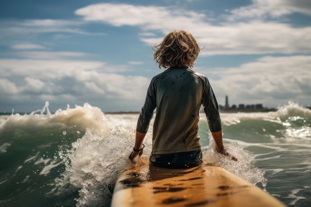 Photo boy surfing from back view generative ai