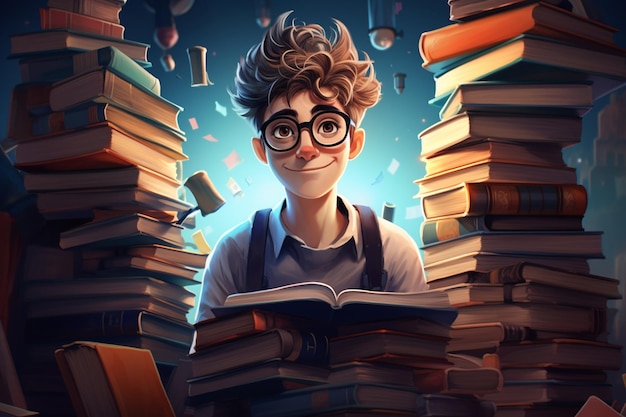 A boy surrounded by books vector illustration