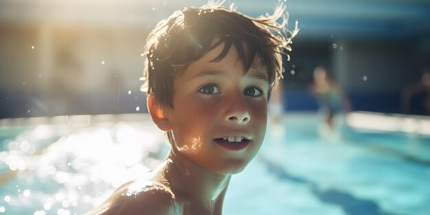 写真 プールで泳いでいる少年