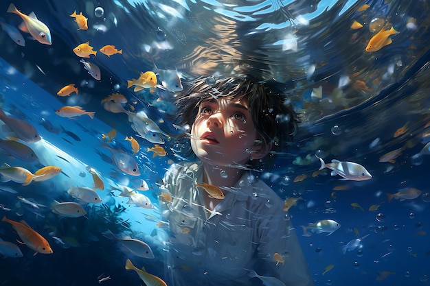 a boy swimming under water with fish swimming around him