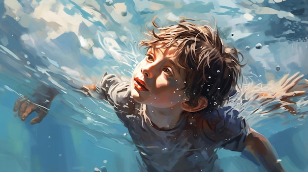 A boy swimming in the water with his hands out