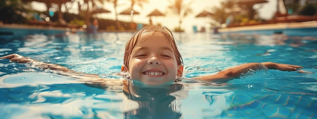 男の子が熱帯島のプールで泳いでいます