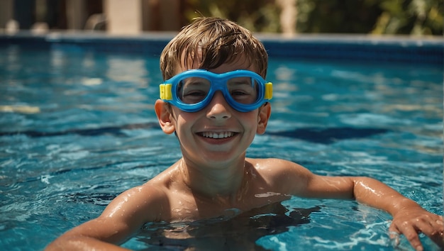 男の子はメガネをかぶってプールで泳ぎスノーケリングダイビングをします