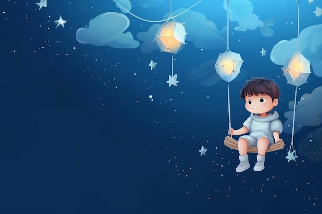 Photo a boy on a swing with lanterns in the sky