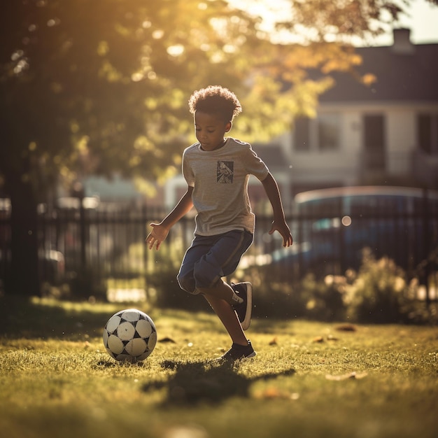 A boy in a t - shirt is playing soccer with a ball.