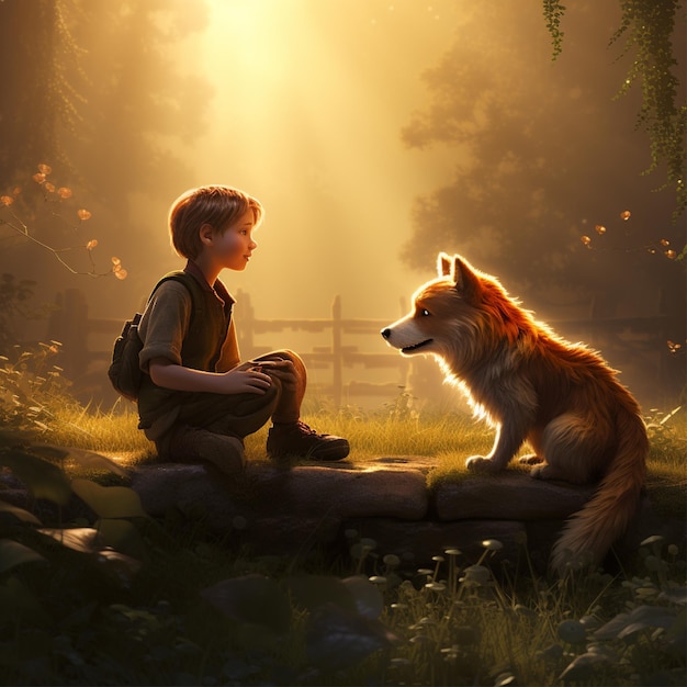 A boy talking with cute fox