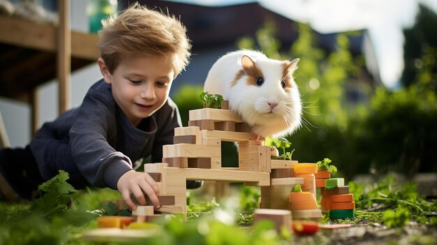 Photo a boy teaching his guinea pig to navigate background