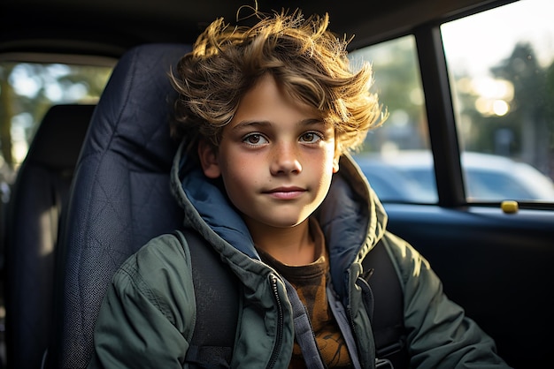 A boy of ten smiles in the interior of a car driving on the way to school