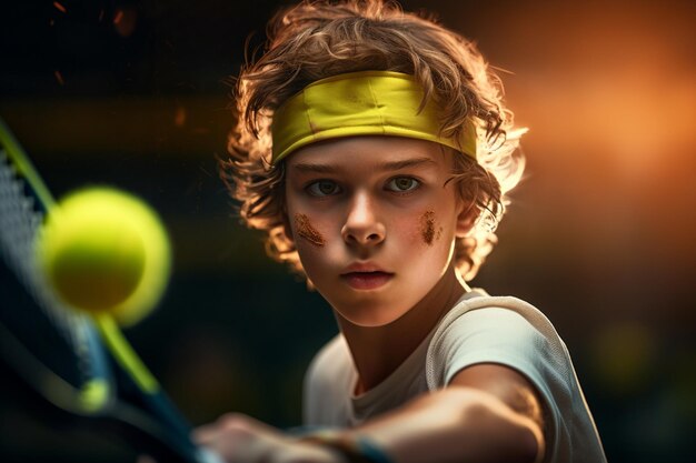 写真 ボケ味のスタイルの背景にテニスコートで競争する少年テニス選手