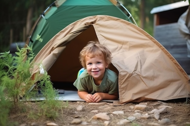 A boy in a tent in a forest